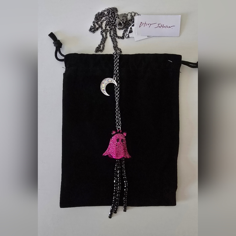 Betsey Johnson Pink Cat Ghost & Moon Pendant Necklace NWT
